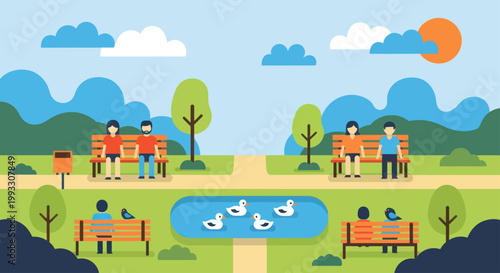 People enjoying leisure time in a vibrant park setting with ducks in a pond.