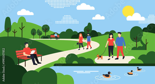 People enjoying leisure activities in a vibrant park setting.