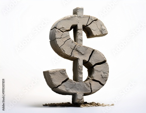 a cracked stone dollar sign symbol on a white background with rough texture