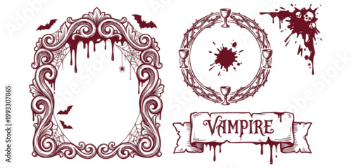 Blood Vintage Gothic Halloween Hand Drawn Border Frame Set Vampire Victorian Horror Decor Blood Drip Medieval Banner Holiday Scary Antique Elegant Splash Frame Vector Illustration