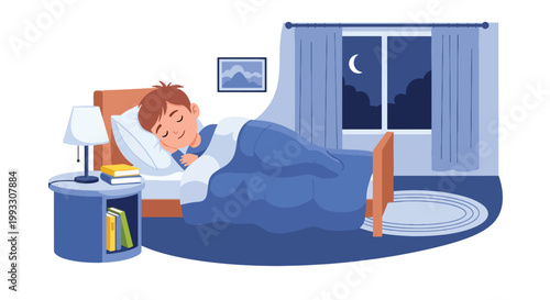 Flat style vector illustration of child sleeping peacefully in bed at night, promoting healthy sleep habits and wellness for kids daily routine care concept