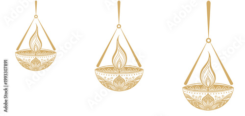 Vector illustration of two golden Diwali Diyas hanging with graceful flames for Diwali day