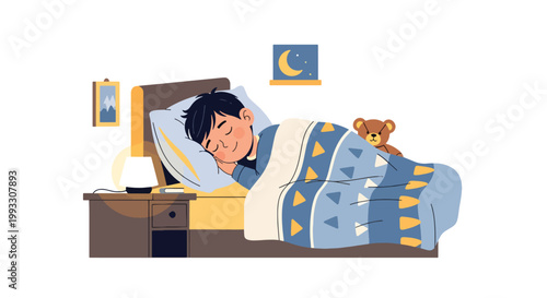 Flat style vector illustration of child sleeping peacefully in bed at night, promoting healthy sleep habits and wellness for kids daily routine care concept