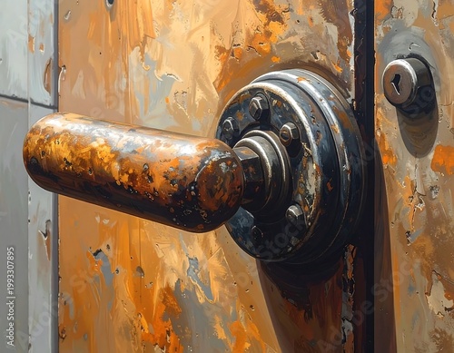 Close-up of aged, rusted door with a cylindrical handle and locking mechanism, showcasing an abstract, textured surface