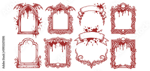 Blood Vintage Gothic Halloween Hand Drawn Border Frame Set Vampire Victorian Horror Decor Blood Drip Medieval Banner Holiday Scary Antique Elegant Splash Frame Vector Illustration