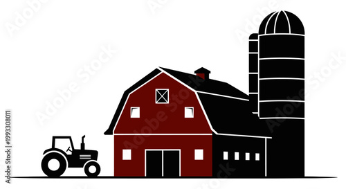 Red barn with silo and tractor on a farm.