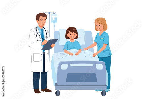 Flat style vector illustration of child in hospital bed receiving care from doctor and nurse, supportive healthcare environment and recovery concept for kids