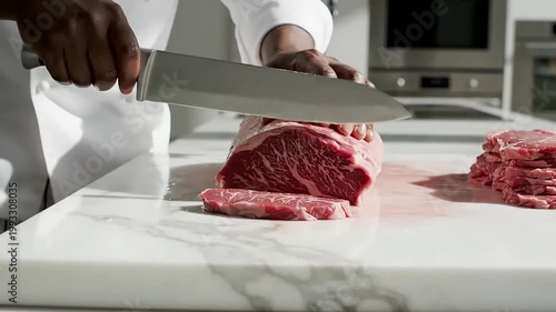 Professional Chef Slicing Marbled Raw Beef on Marble Surface