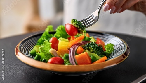 close up of fork lifting fresh salad with colorful vegetables