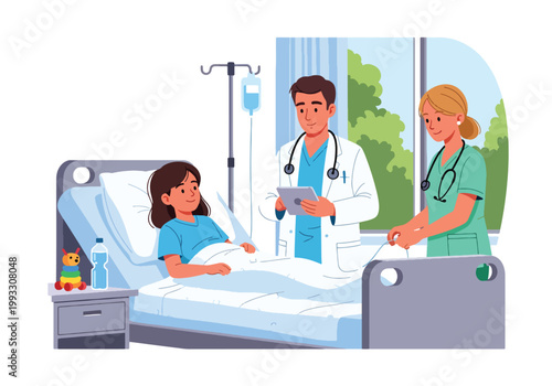 Flat style vector illustration of child in hospital bed receiving care from doctor and nurse, supportive healthcare environment and recovery concept for kids