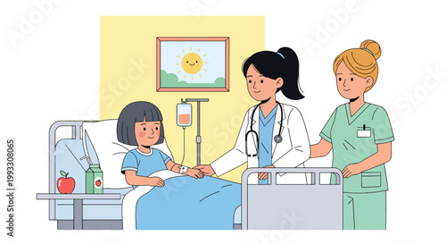 Flat style vector illustration of child in hospital bed receiving care from doctor and nurse, supportive healthcare environment and recovery concept for kids