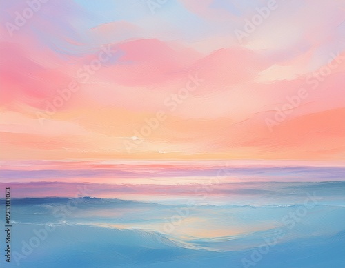 soft pastel abstract painting of a sunrise horizon with layered pink orange and blue brushstrokes suggesting sea and sky