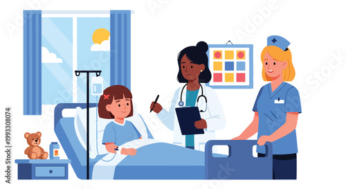 Flat style vector illustration of child in hospital bed receiving care from doctor and nurse, supportive healthcare environment and recovery concept for kids