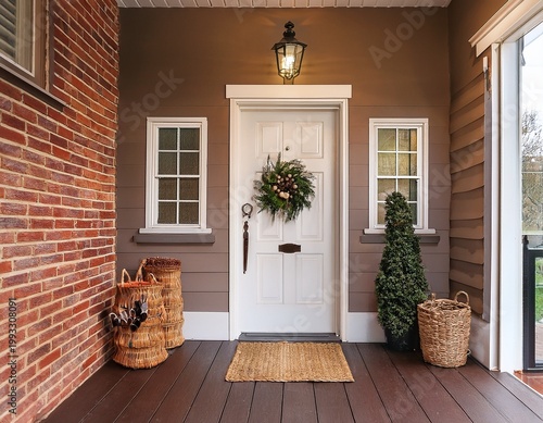 a cozy entryway with brown and brick walls hardwood flooring decorations and a white front door with windows