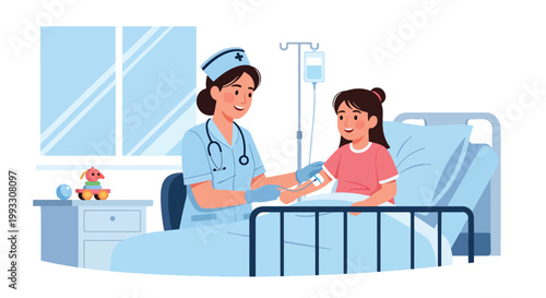 Flat style vector illustration of pediatric nurse caring for child patient with IV drip, hospital treatment and supportive healthcare concept in calm environment