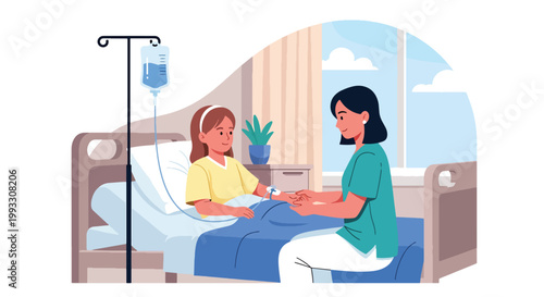 Flat style vector illustration of pediatric nurse caring for child patient with IV drip, hospital treatment and supportive healthcare concept in calm environment