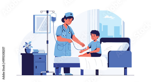 Flat style vector illustration of pediatric nurse caring for child patient with IV drip, hospital treatment and supportive healthcare concept in calm environment