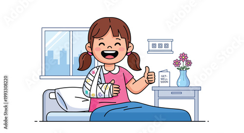 Flat style vector illustration of child with broken arm wearing cast and smiling, recovery and resilience concept in kids healthcare and injury treatment
