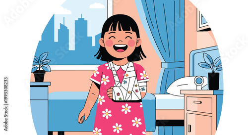 Flat style vector illustration of child with broken arm wearing cast and smiling, recovery and resilience concept in kids healthcare and injury treatment
