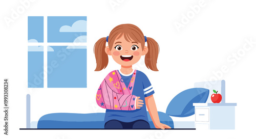 Flat style vector illustration of child with broken arm wearing cast and smiling, recovery and resilience concept in kids healthcare and injury treatment