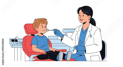 Flat style vector illustration of child visiting dentist for checkup in dental clinic, friendly healthcare environment and oral care education concept