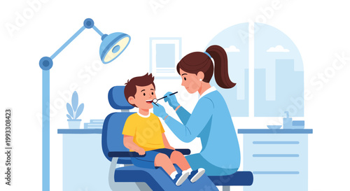 Flat style vector illustration of child visiting dentist for checkup in dental clinic, friendly healthcare environment and oral care education concept