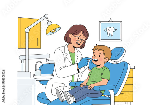 Flat style vector illustration of child visiting dentist for checkup in dental clinic, friendly healthcare environment and oral care education concept