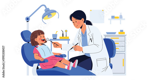 Flat style vector illustration of child visiting dentist for checkup in dental clinic, friendly healthcare environment and oral care education concept