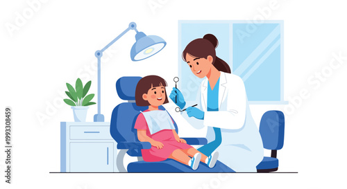 Flat style vector illustration of child visiting dentist for checkup in dental clinic, friendly healthcare environment and oral care education concept