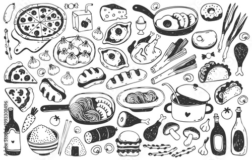 Food and drink doodles set. Hand drawn simple illustration of food, pizza, dumplings, frying pan, chicken, rice, khachapuri, cheese, eggs. Design elements for shop, restaurant, menu, packaging.
