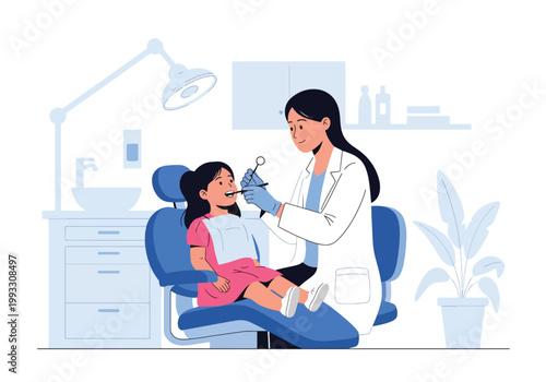 Flat style vector illustration of child visiting dentist for checkup in dental clinic, friendly healthcare environment and oral care education concept