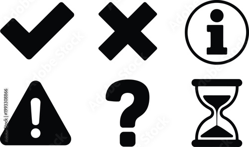Common black user interface icons including checkmark, cross, and an information symbol on white