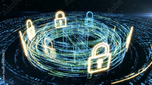 Digital security concept with glowing padlocks.