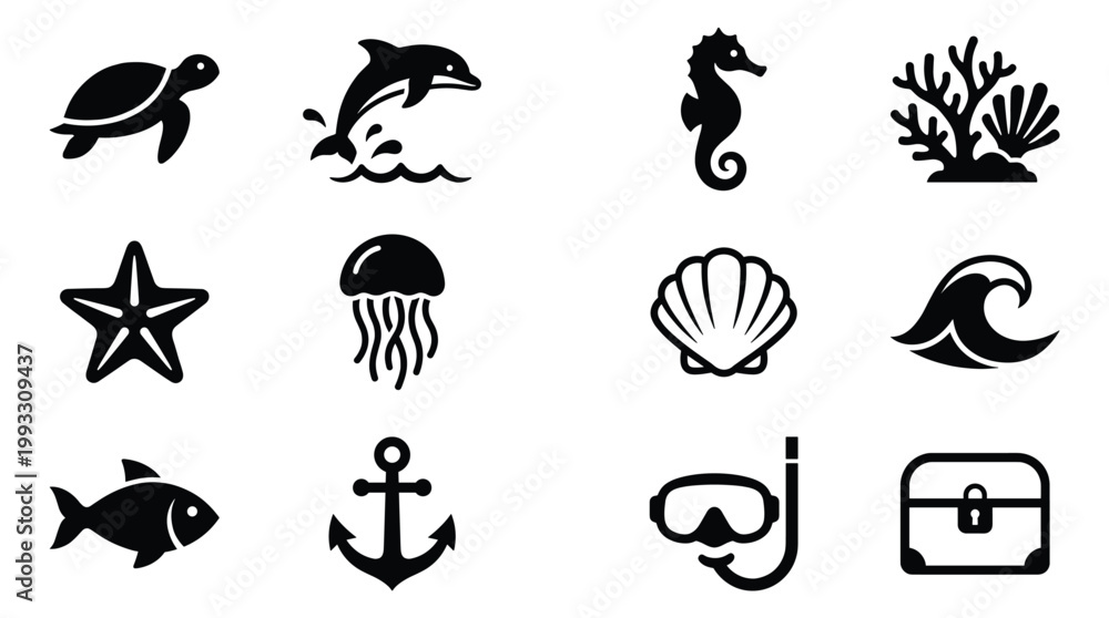 Obraz premium A collection of minimalist black silhouette vector icons representing diverse marine life and sea elements, perfect for travel, ocean, or adventure designs.