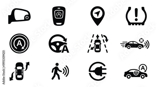 Collection of modern automotive smart technology vector icons. Perfect for UI, infographics, car features, autonomous driving concepts, and ADAS applications.
