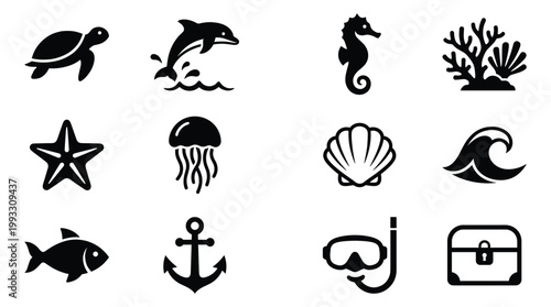 A collection of minimalist black silhouette vector icons representing diverse marine life and sea elements, perfect for travel, ocean, or adventure designs.