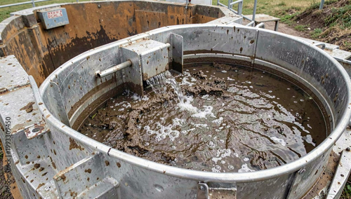 An old, rusted metal water tank filled with debris and murky liquid.