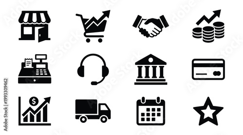 A comprehensive set of black business, finance, commerce, and service vector icons. Ideal for websites, apps, presentations, and marketing materials.