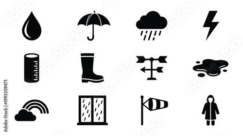 Modern vector icon set of weather and rain elements like umbrella, cloud, lightning, boots, and wind. Perfect for apps, web, and forecasts.