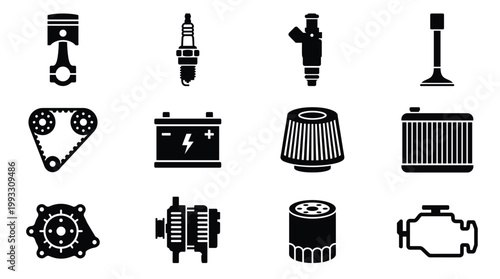 A comprehensive collection of essential car engine parts and automotive service components rendered as clean, modern vector icons. Ideal for auto repair, maintenance, and educational content.