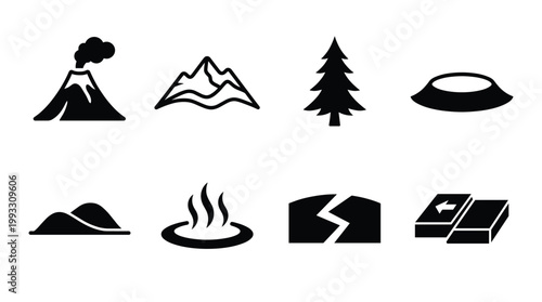 A collection of black vector icons representing natural phenomena, geology, and landscapes. Ideal for education, science, travel, and environmental designs.