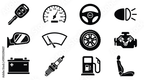 A comprehensive set of black vector icons representing common automotive parts and accessories, ideal for car service, repair, and transportation themes.