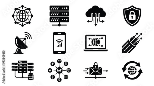 Black vector icons for global network, servers, cloud computing, data security, IoT, and mobile technology. Ideal for web, apps, and digital projects.