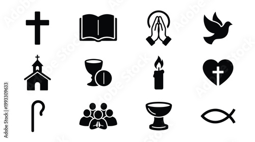 Vector set of Christian religious icons, including cross, bible, praying hands, and church. Ideal for spiritual content, church websites, and educational materials.