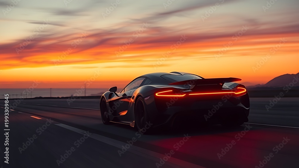 Fototapeta premium Silhouette of a low hypercar speeding on coastal highway at dusk with red taillight trails.