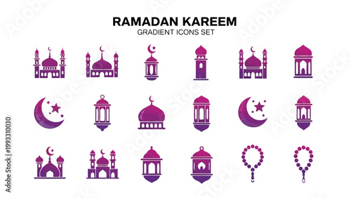 Ramadan kareem gradient icons set featuring islamic architectural and religious symbols Vector