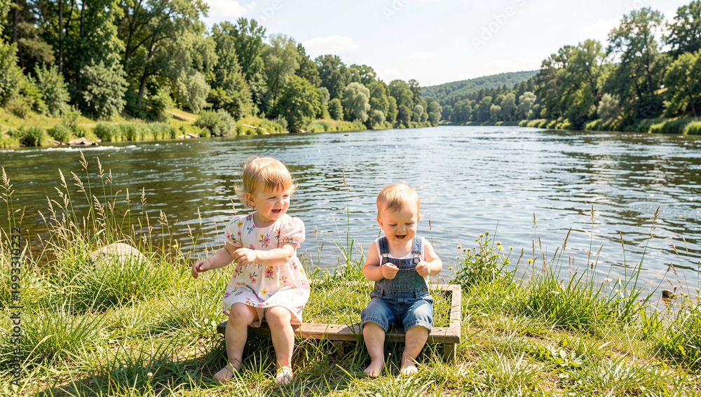 © vefimov - Happy siblings posing together near calm river waters.