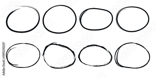 Highlight hand drawn circle frame line. Brush stroke oval underscore set. Doodle style ovals and ellipses line template. Vector illustration isolated on white background.