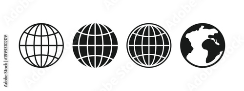 Vector Globe Icon Set Showing Grid and Continent Styles for Global Concept
