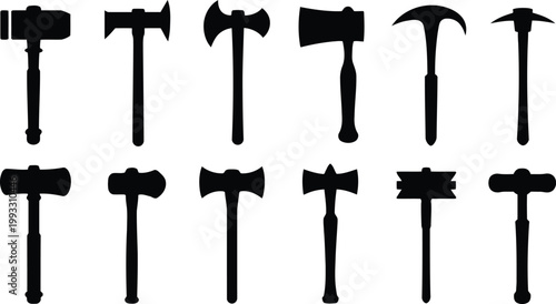 Diverse selection of black silhouette tools featuring various hammers and different styles of axes on white
